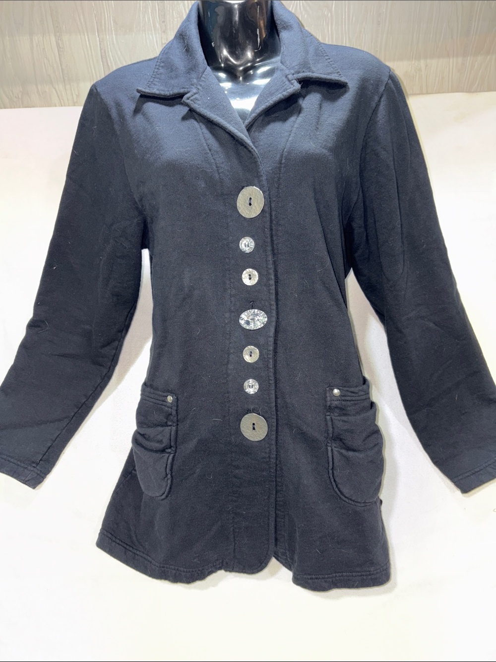 Nannette Keller Black Fleece Collared Novelty Button Pocket Jacket Size M